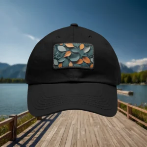 Black dad hat with a front patch featuring a decorative leaf pattern.