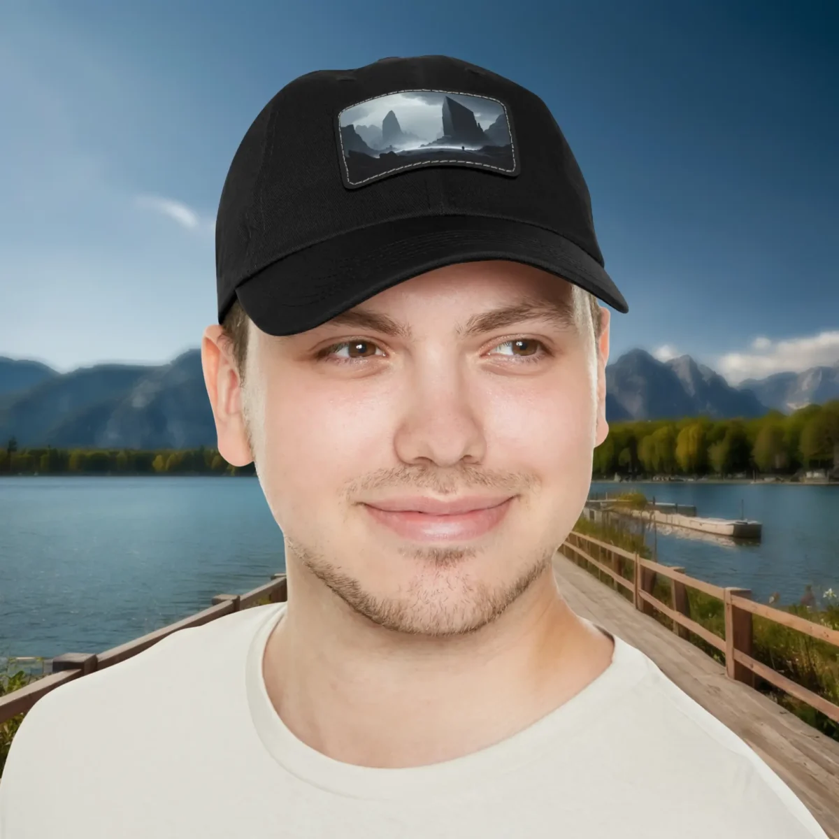 Man wearing a black dad hat with a misty mountain landscape patch on the front.