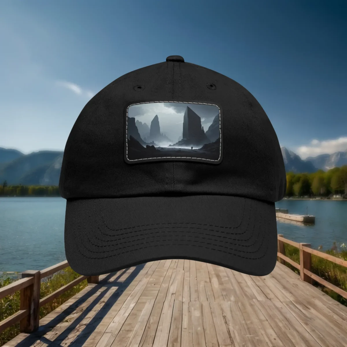 Black dad hat with a front patch featuring a misty mountain landscape design.