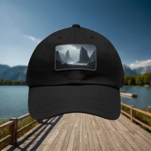 Black dad hat with a front patch featuring a misty mountain landscape design.