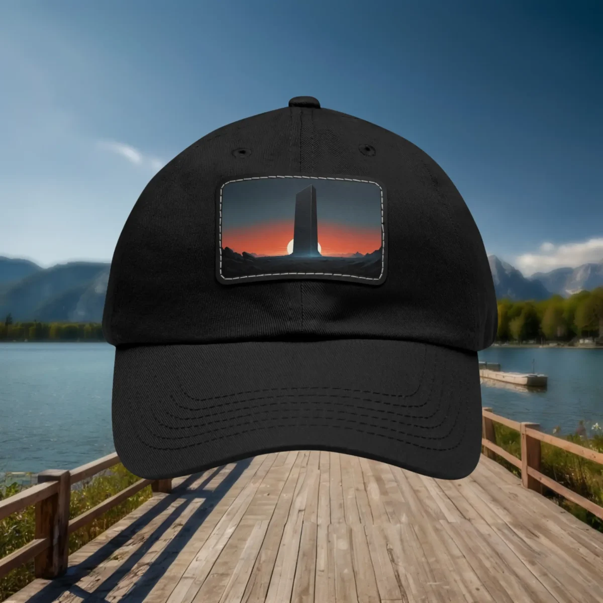 Black dad hat with a front patch featuring a monument silhouette against a sunset background.