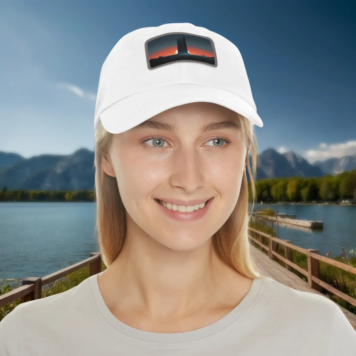 Woman wearing a white dad hat with a monument silhouette at sunset patch on the front.