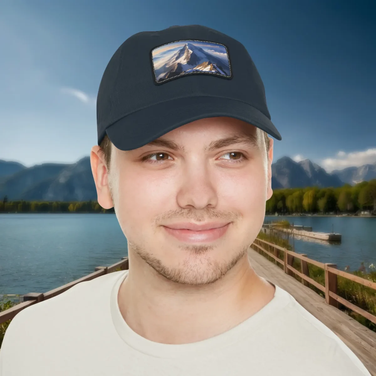 Man wearing a navy dad hat with a mountain peak landscape patch on the front.