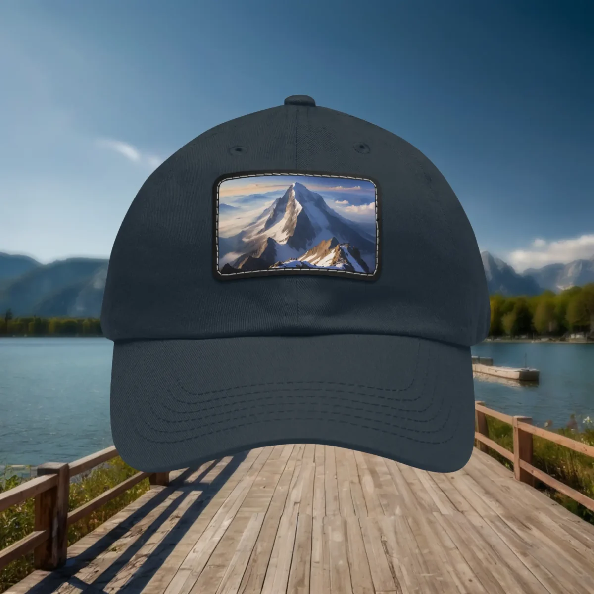 Navy dad hat with a front patch featuring a snow-capped mountain peak design.