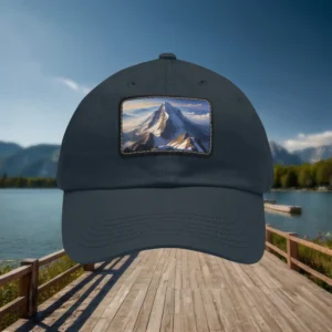 Navy dad hat with a front patch featuring a snow-capped mountain peak design.