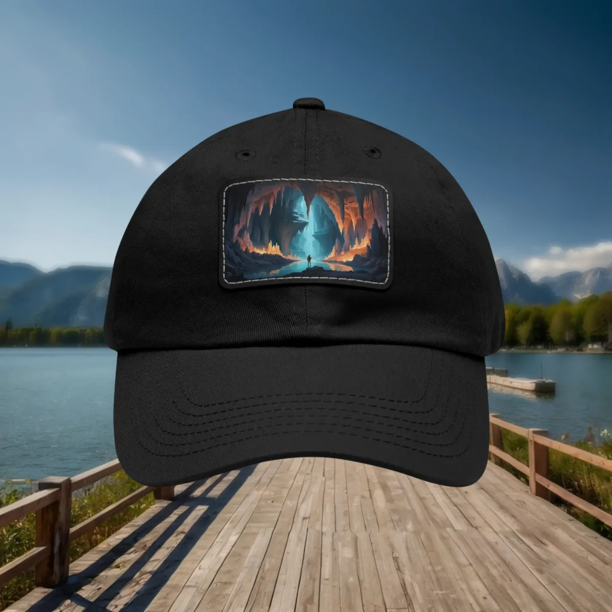 Black dad hat with a front patch featuring a mysterious cave scene with warm and cool lighting.