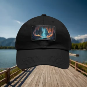 Black dad hat with a front patch featuring a mysterious cave scene with warm and cool lighting.