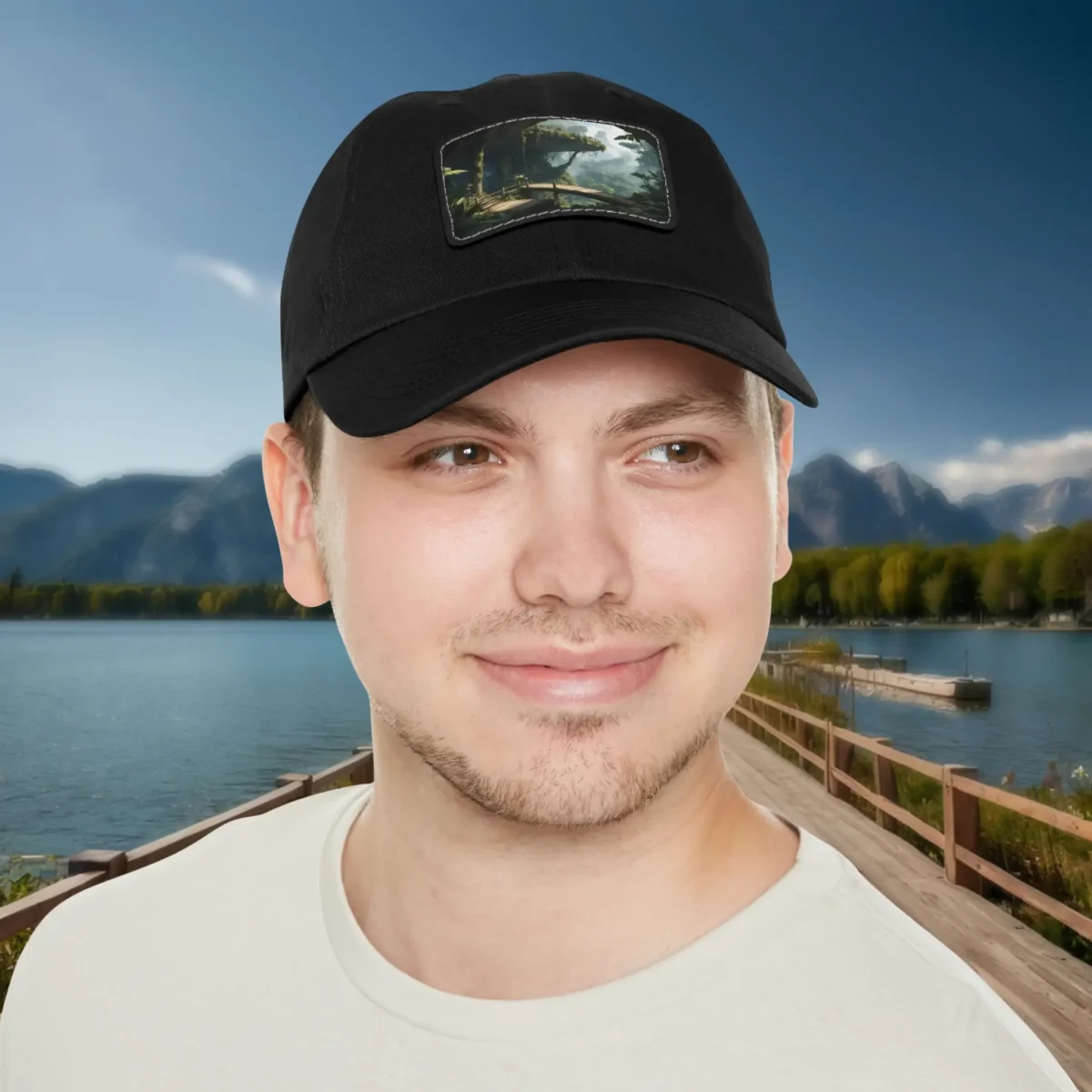 Man wearing a black dad hat with a mysterious forest design patch on the front.