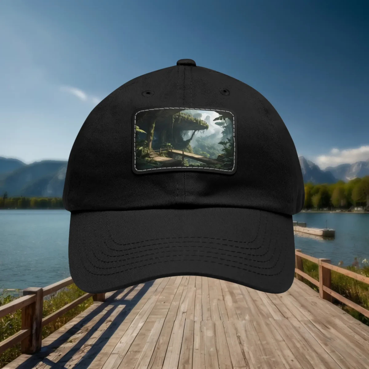 Black dad hat with a front patch featuring a mysterious forest scene with a wooden bridge.