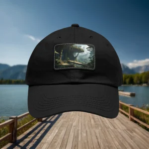 Black dad hat with a front patch featuring a mysterious forest scene with a wooden bridge.