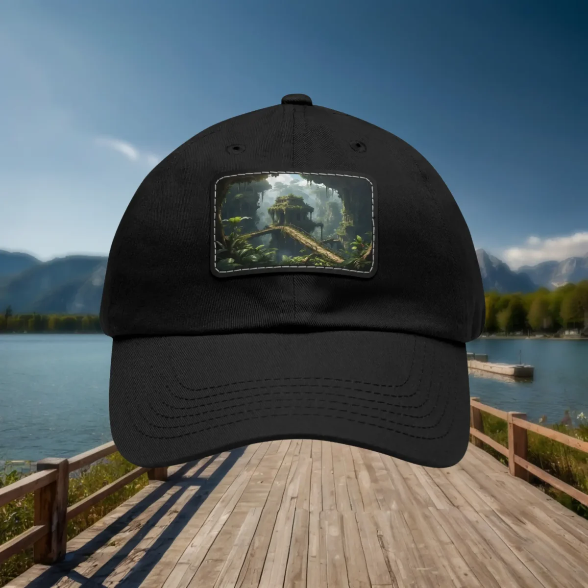 Black dad hat with a front patch featuring an ancient jungle temple design.