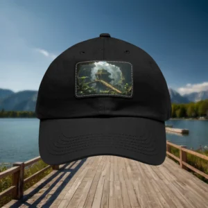 Black dad hat with a front patch featuring an ancient jungle temple design.