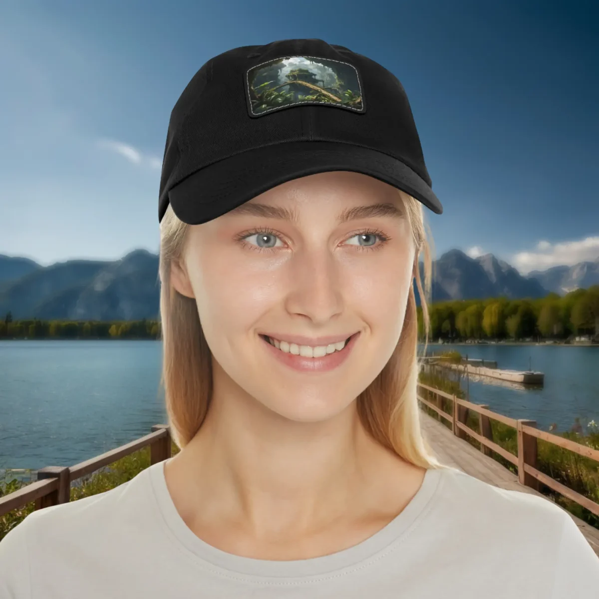 Woman wearing a black dad hat with a mystical jungle temple design patch on the front.
