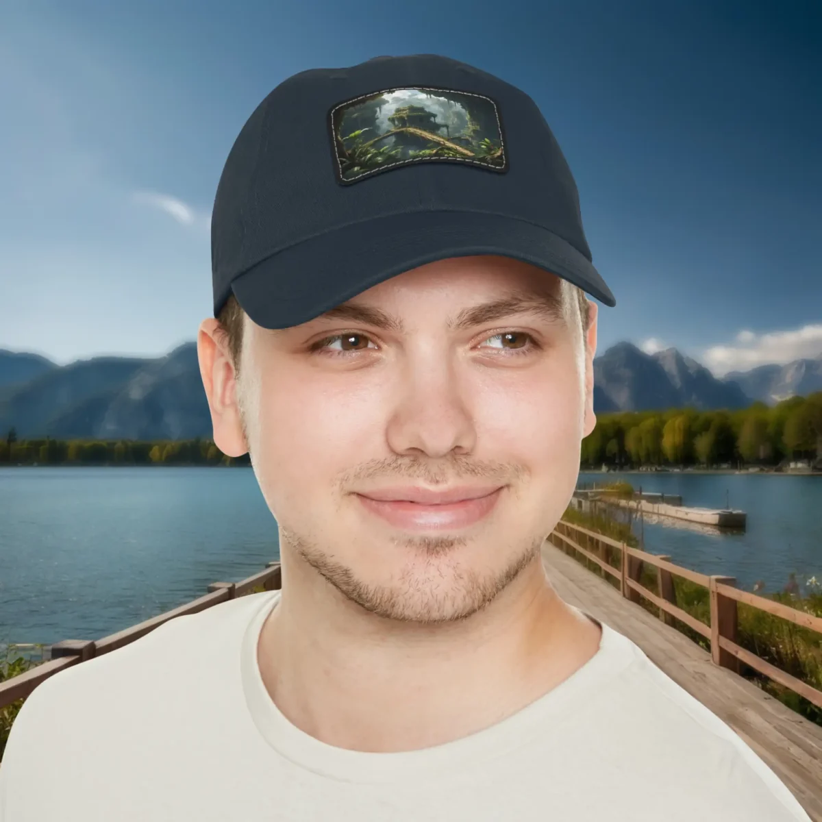 Man wearing a navy dad hat with a mystical jungle temple design patch on the front.