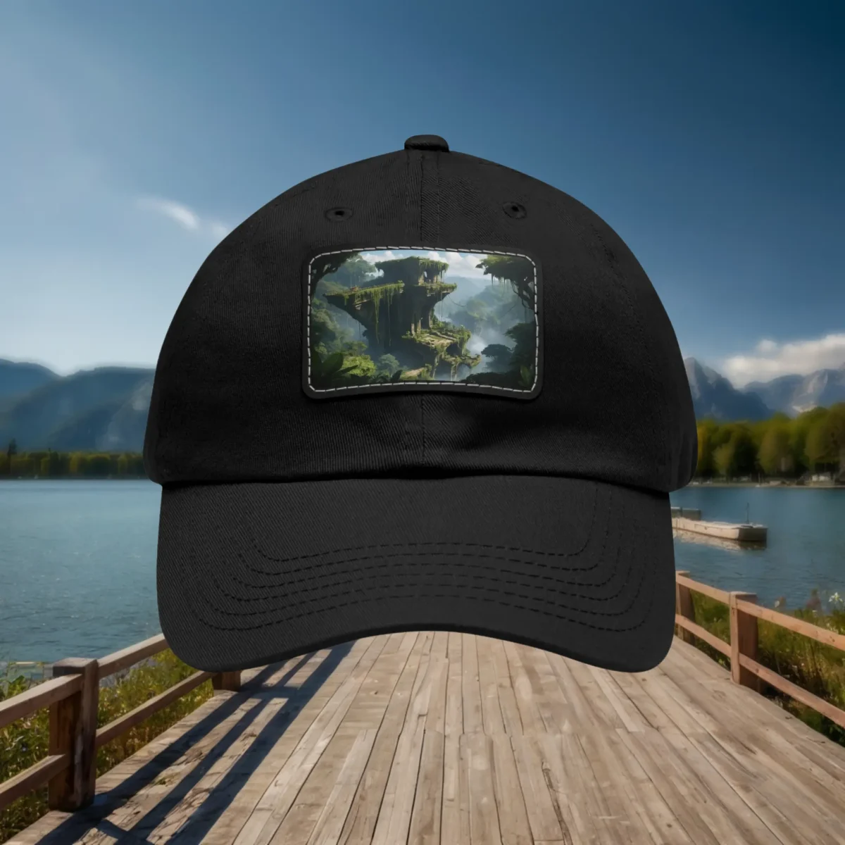Black dad hat with a front patch featuring a lush nature landscape with elevated cliffs.