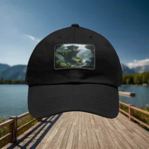 Black dad hat with a front patch featuring a lush nature landscape with elevated cliffs.