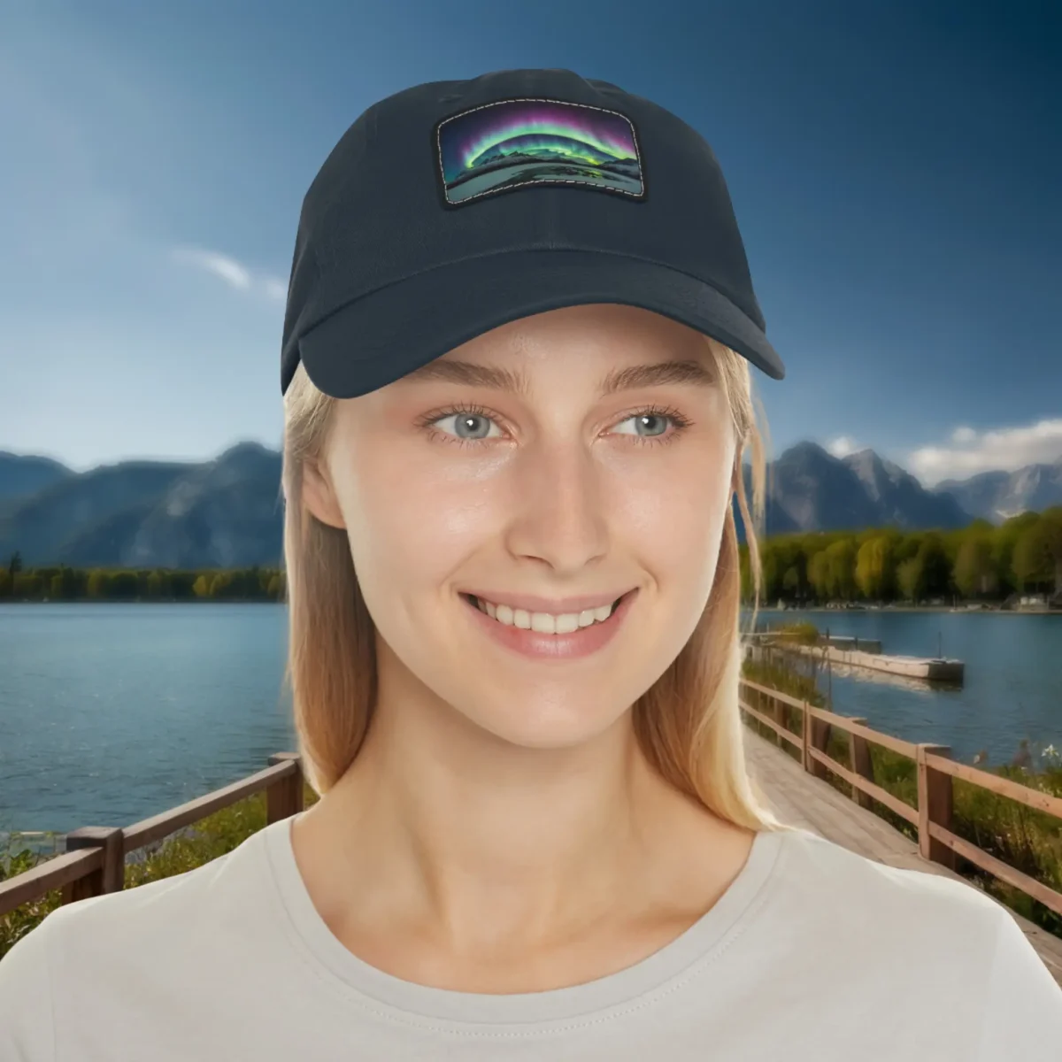 Woman wearing a navy dad hat with a northern lights design patch on the front.