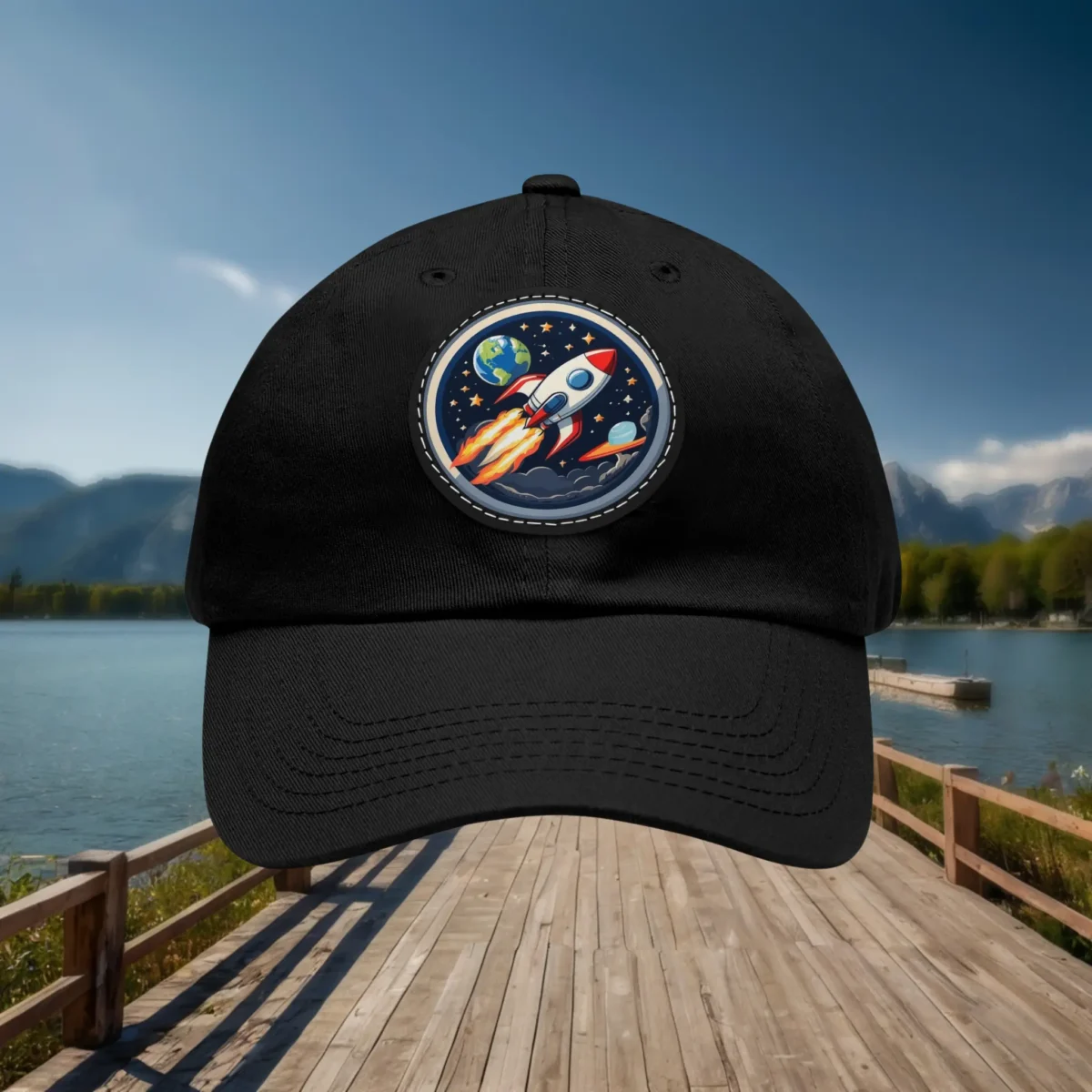 Black dad hat with colorful rocket patch displayed front-facing.