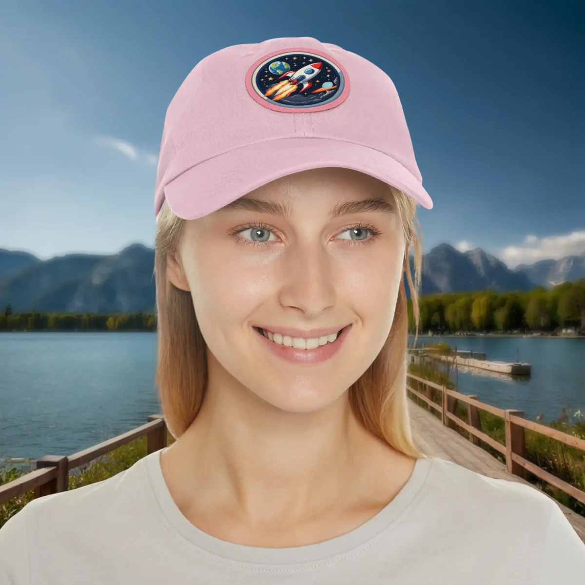 Pink dad hat with colorful rocket design worn by smiling woman.