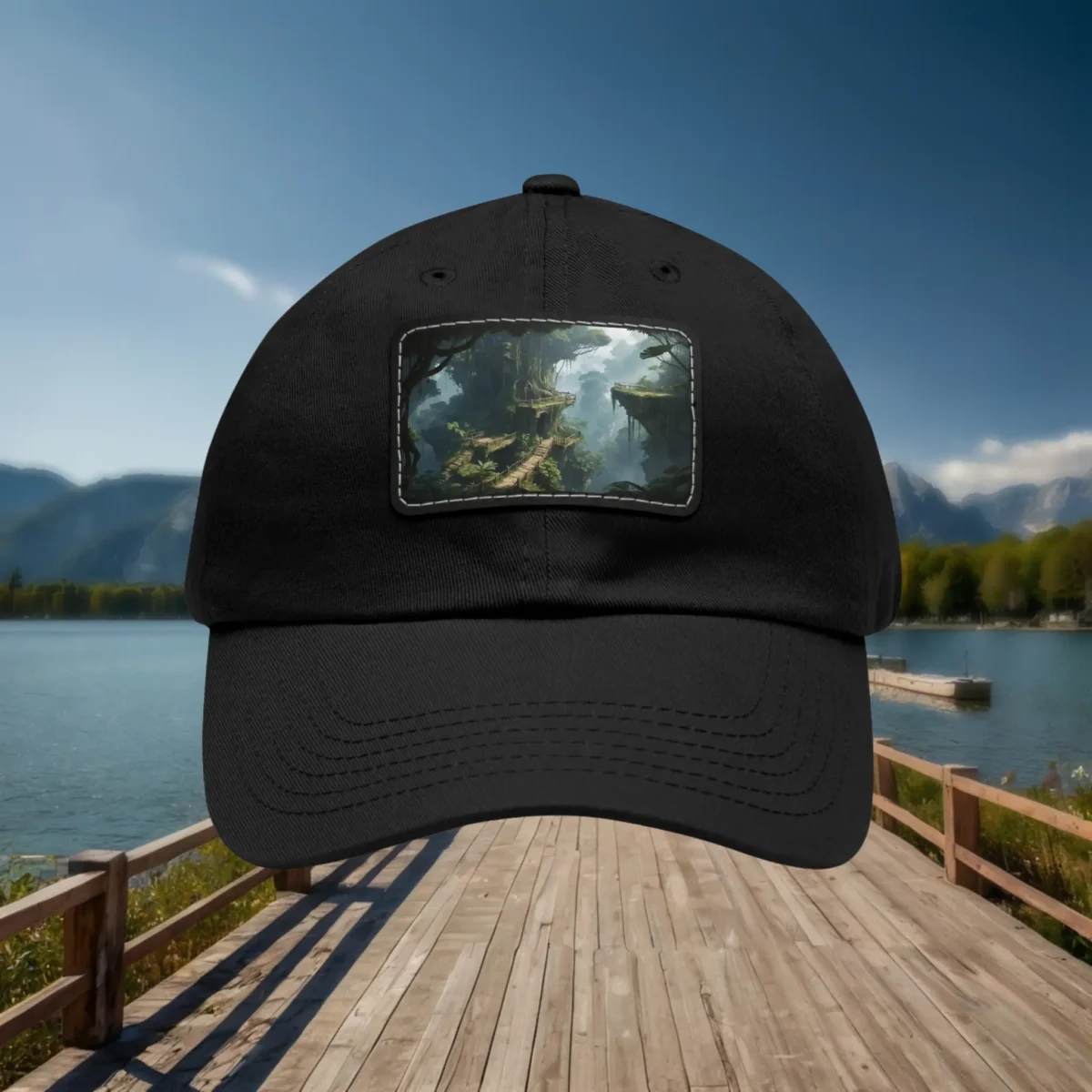 Black dad hat with rocky cliffs fantasy landscape patch design on the front