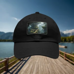 Black dad hat with rocky cliffs fantasy landscape patch design on the front