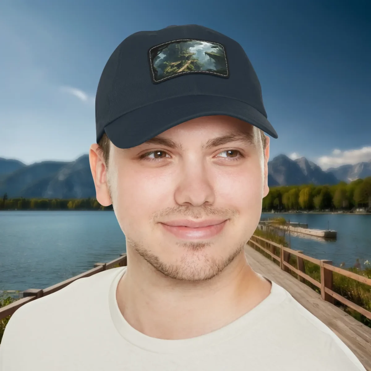 Man wearing a navy dad hat with rocky cliffs fantasy landscape patch