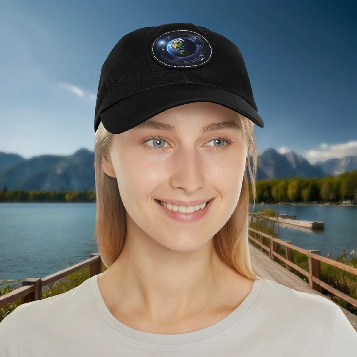 Black dad hat with Earth and satellites design worn by smiling woman.