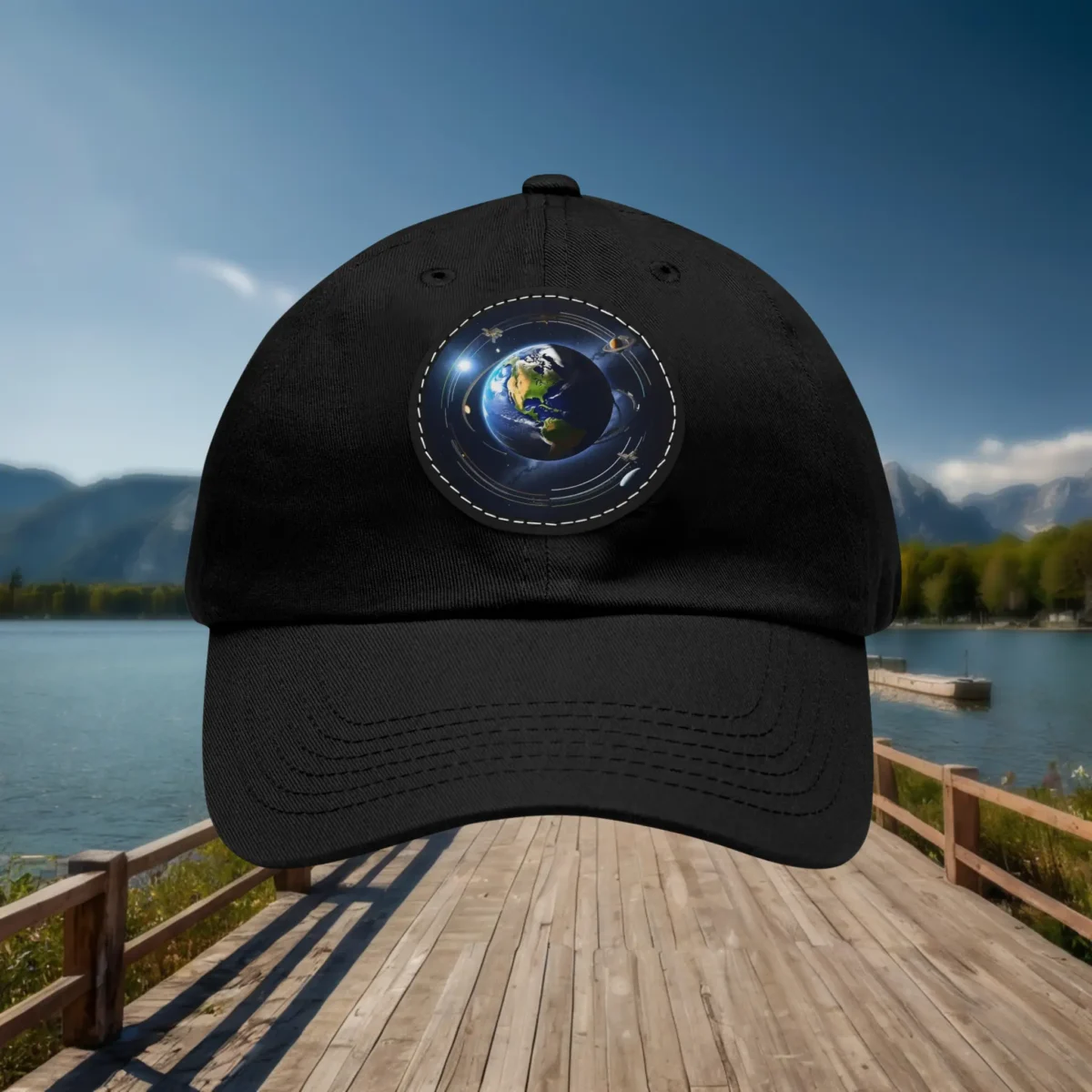 Black dad hat with Earth and satellites patch displayed front-facing.