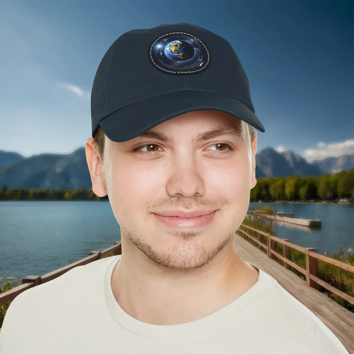Navy blue dad hat with Earth and satellites design worn by smiling man.
