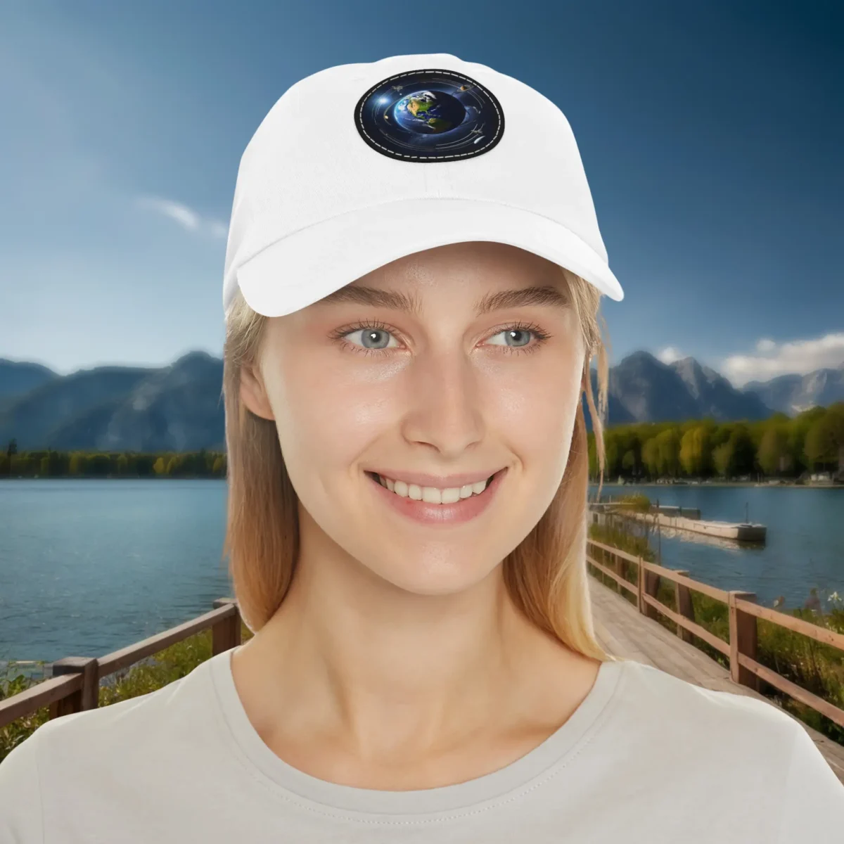White dad hat with Earth and satellites design worn by smiling woman.