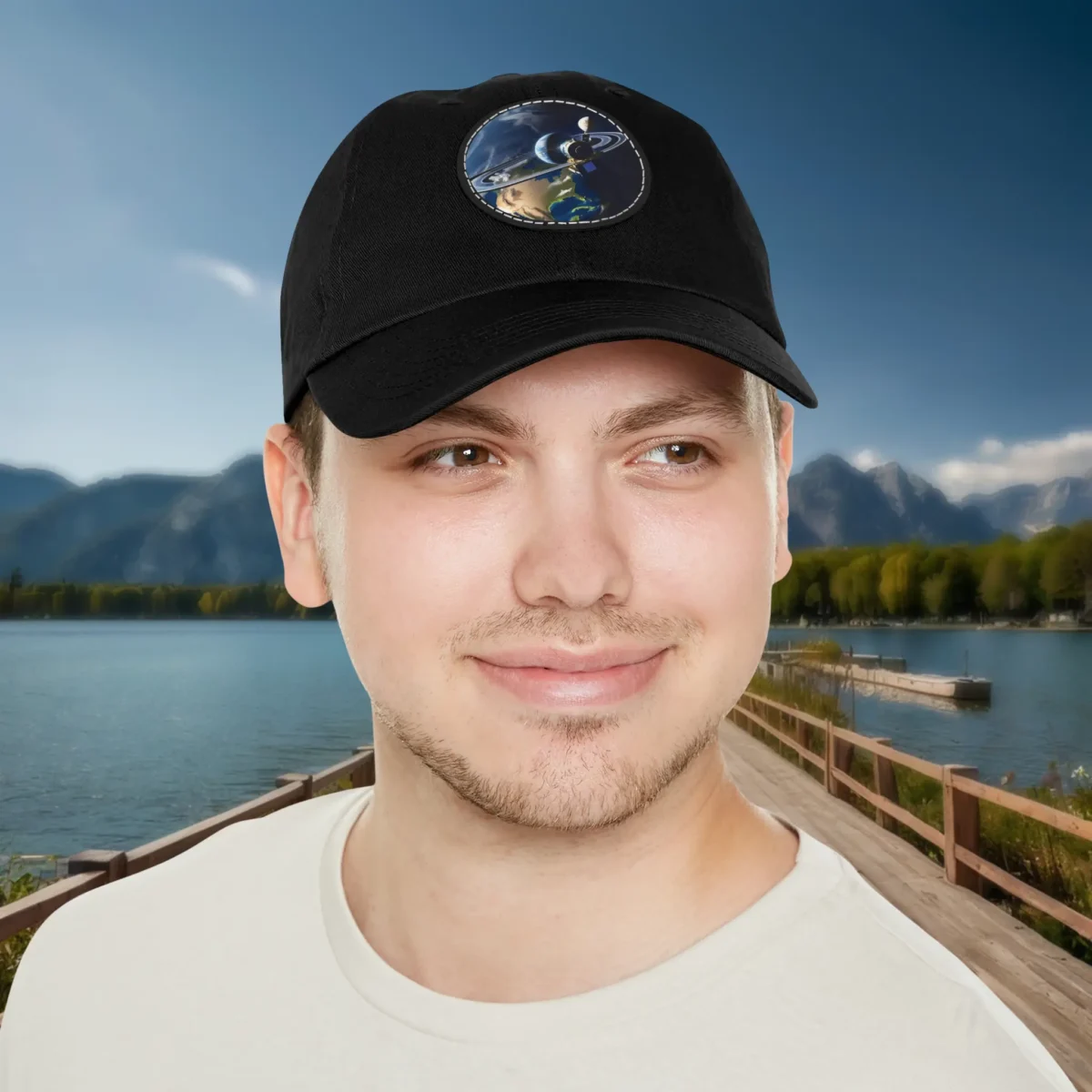 Black dad hat with Saturn and planetary design worn by smiling man.