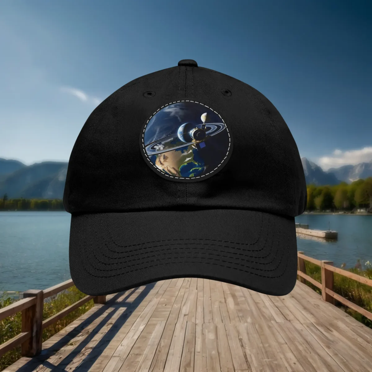 Black dad hat with Saturn and planetary patch displayed front-facing.