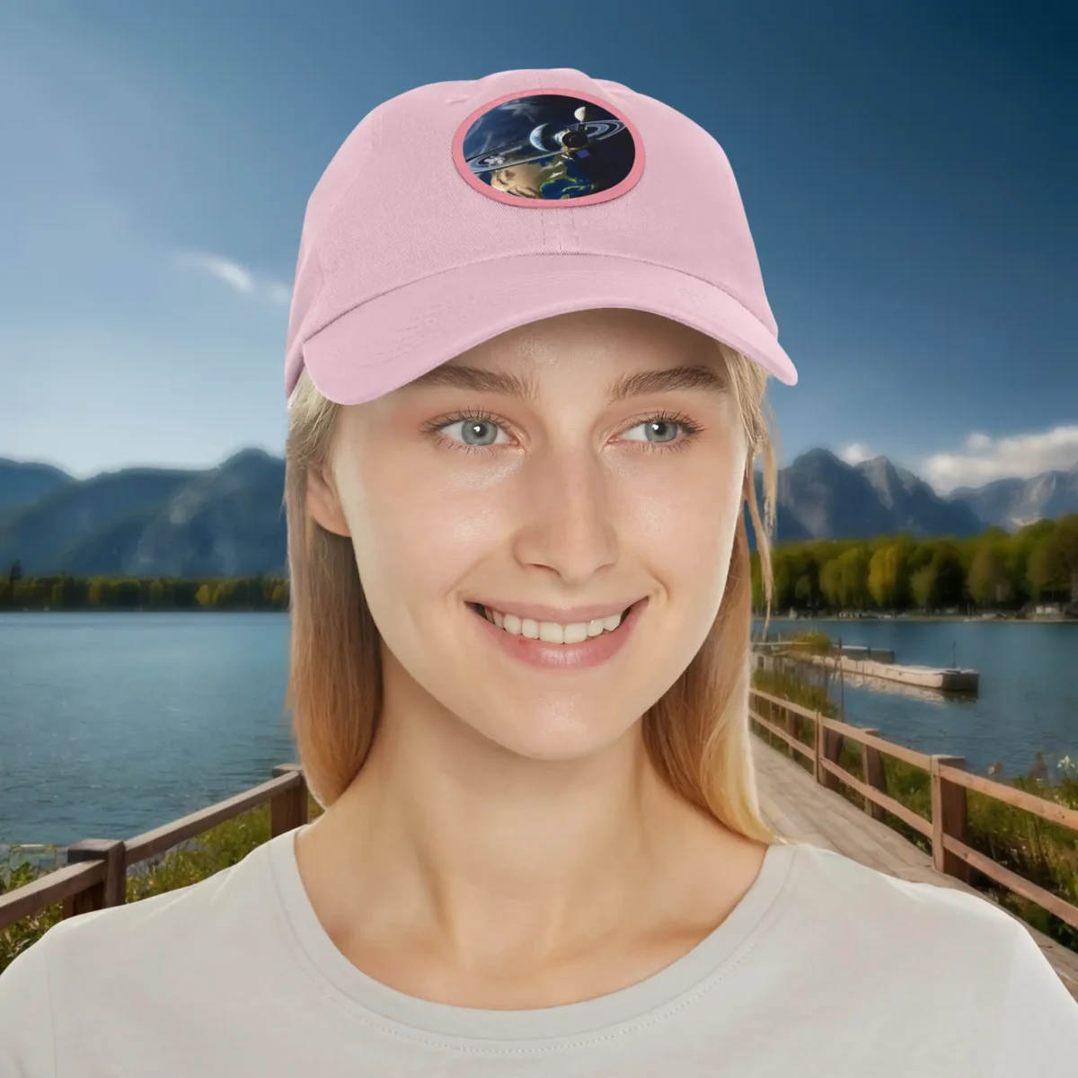Pink dad hat with Saturn and planetary design worn by smiling woman.