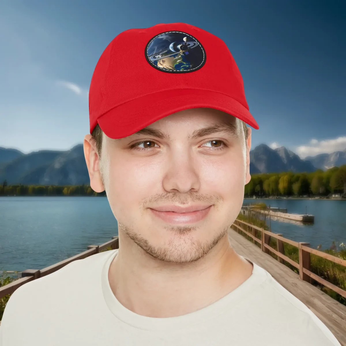 Red dad hat with Saturn and planetary design worn by smiling man.