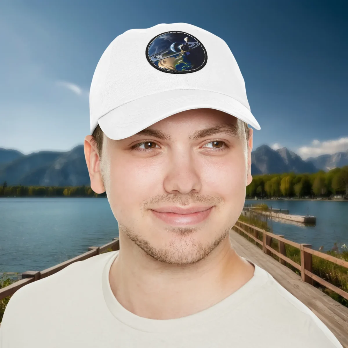 White dad hat with Saturn and planetary design worn by smiling man.