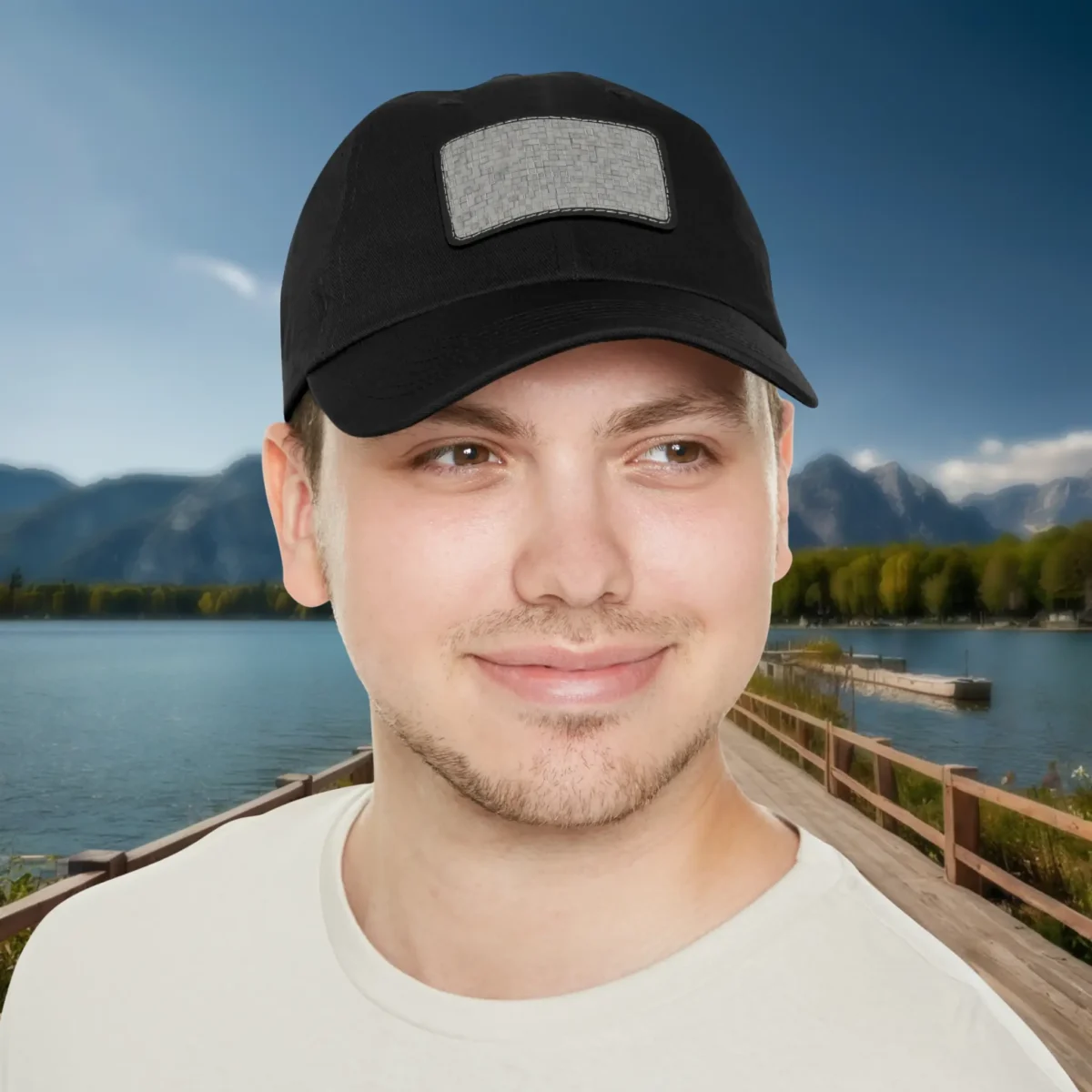 Man wearing black dad hat with rectangular mosaic patch design