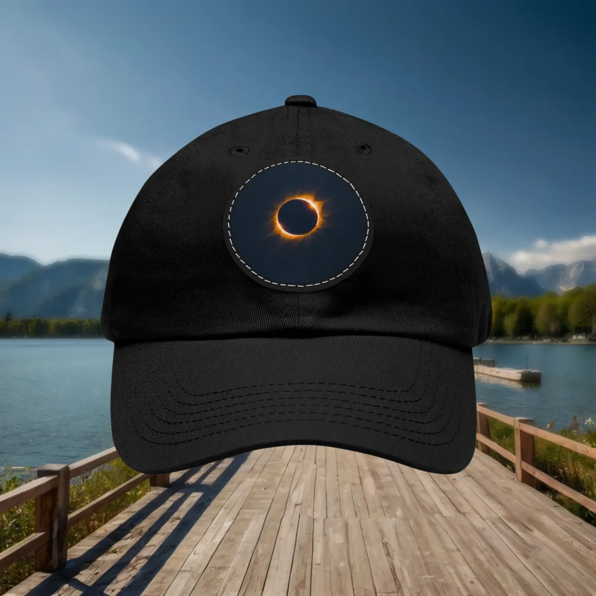 Black dad hat with solar eclipse patch displayed front-facing.