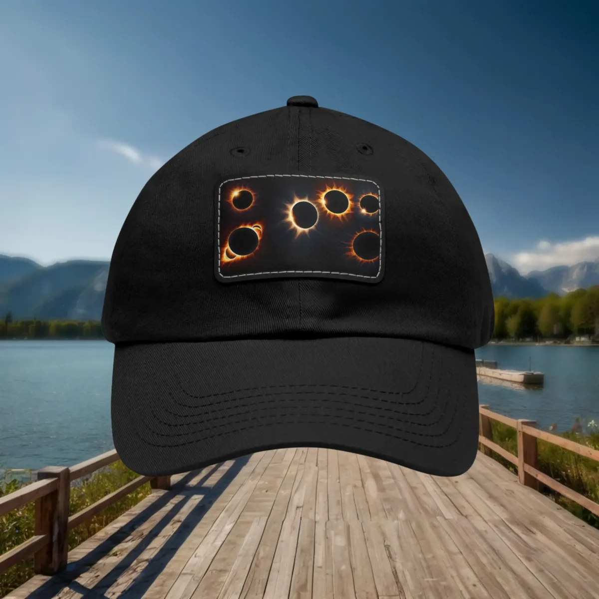 Black dad hat with rectangular solar eclipse patch design