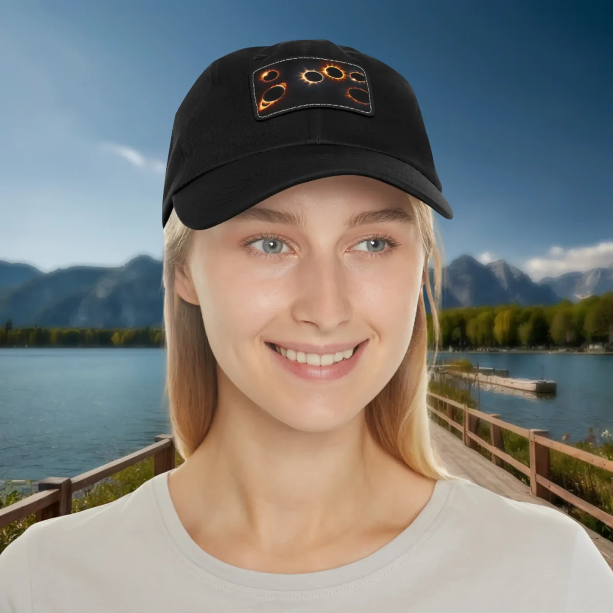 Woman wearing black dad hat with rectangular solar eclipse patch design