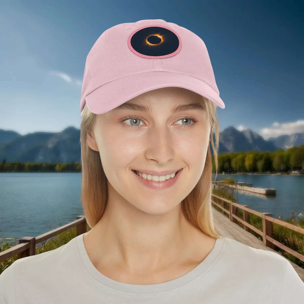 Pink dad hat with solar eclipse design worn by smiling woman.