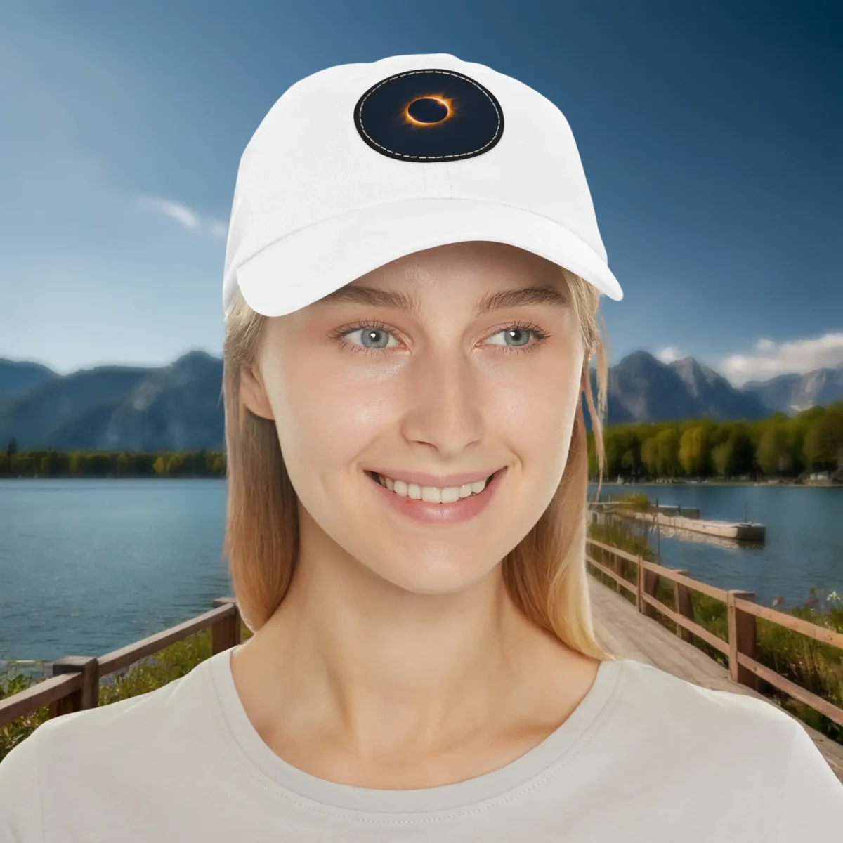 White dad hat with solar eclipse design worn by smiling woman.