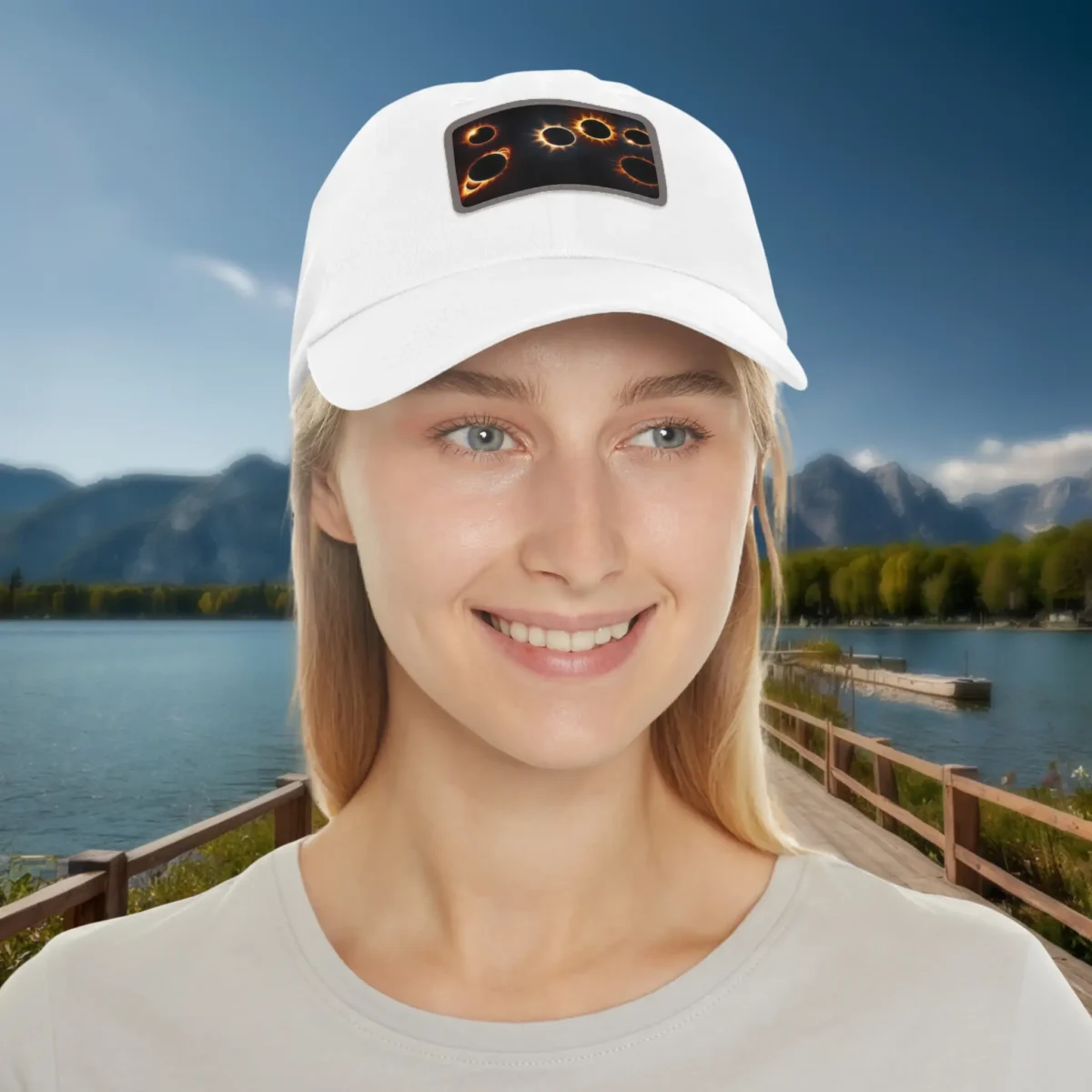 Woman wearing white dad hat with rectangular solar eclipse patch design