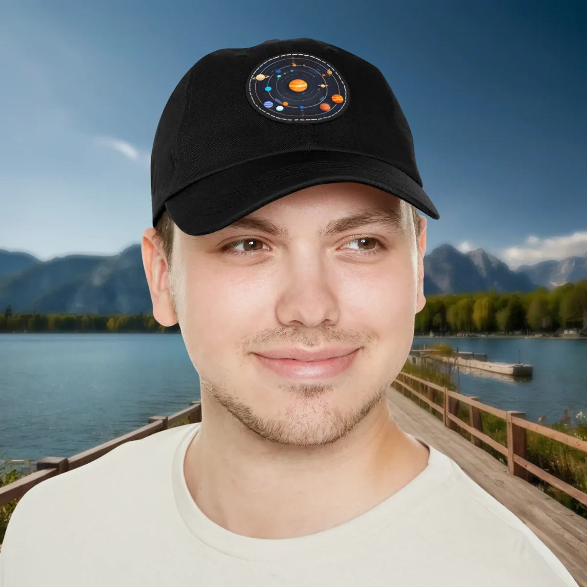 Black dad hat with solar system design worn by smiling man.