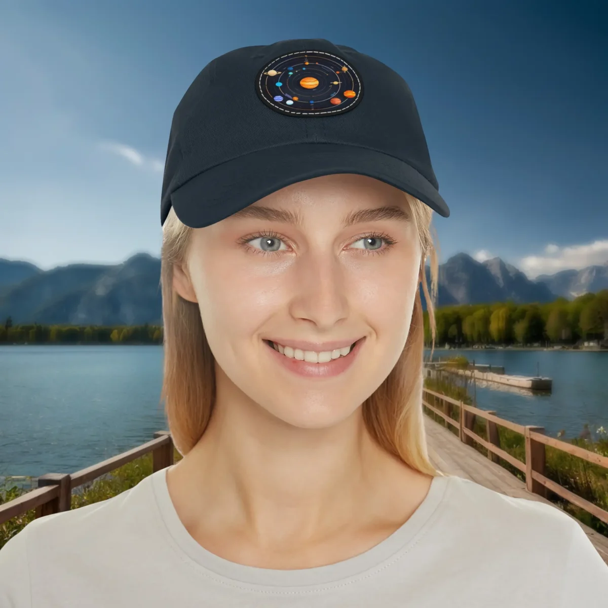 Navy blue dad hat with solar system design worn by smiling woman.