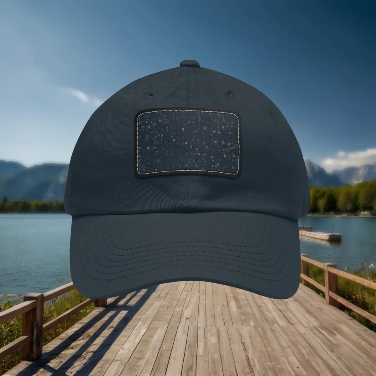 Navy dad hat with rectangular starry night sky patch design