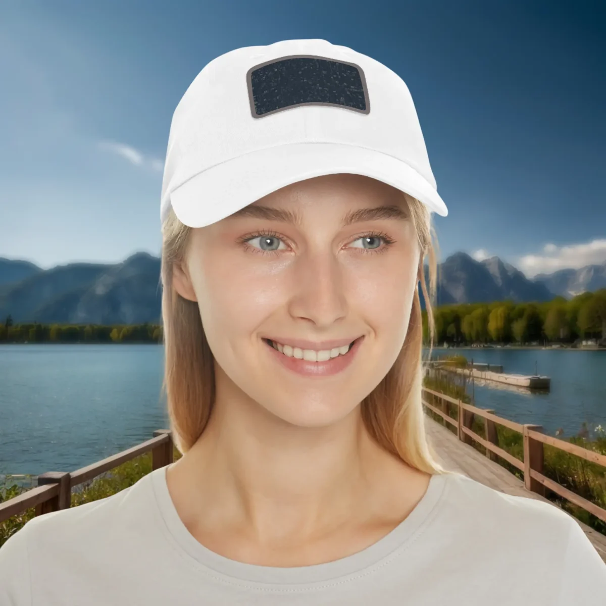 Woman wearing white dad hat with rectangular starry night sky patch design