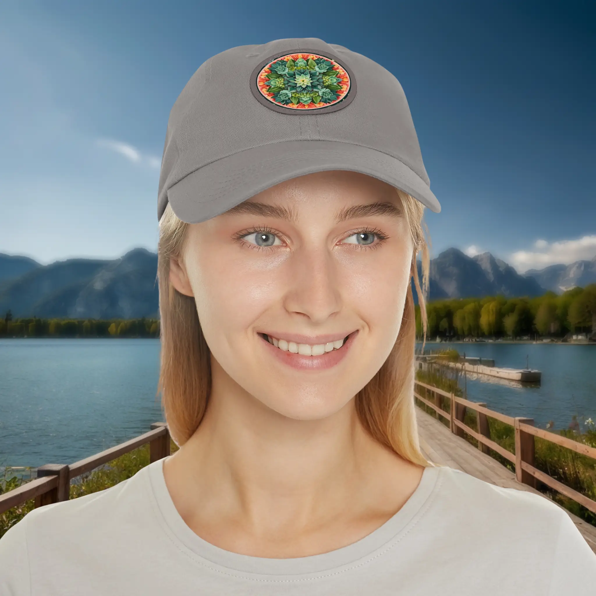 Grey Dad Hat with Succulent Mandala Patch Grey dad hat with succulent mandala design worn by smiling woman.