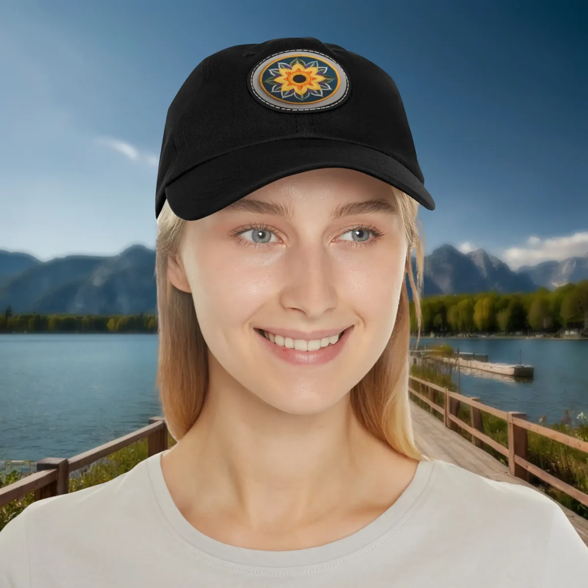 Black dad hat with sunflower design worn by smiling woman.