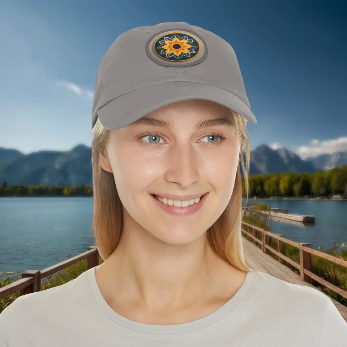 Grey dad hat with sunflower design worn by smiling woman.
