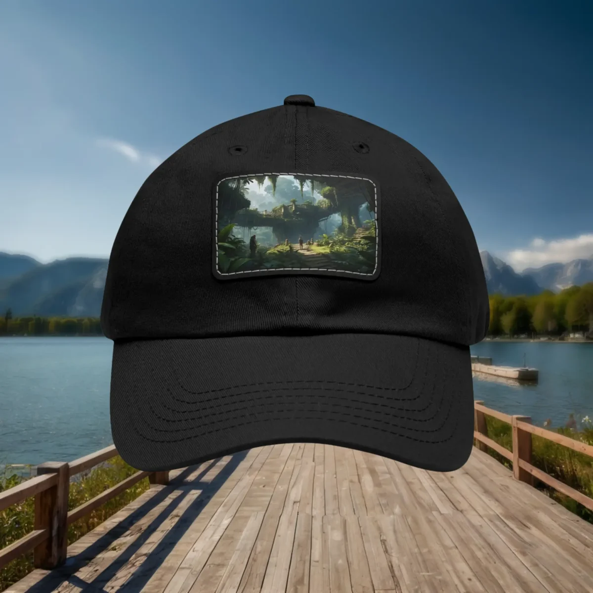 Black dad hat with rectangular sunlit forest patch design